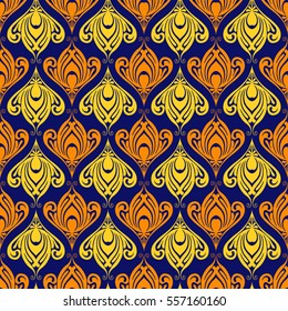  Abstract seamless pattern with floral elements in vector. Ornamental deep blue background with yellow and orange flowers