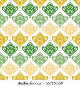  Abstract seamless pattern with floral elements in vector. Ornamental background with flowers green on white