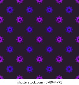 Abstract seamless pattern of floral geometric shapes in vector. Cute colorful tracery design with blue and lilac flowers on dark gray background. Floral design