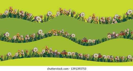 Abstract seamless pattern of floral rows. Flowers and grass in green fields. Warm summer sunny day. Vector illustration seamless.