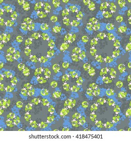 Abstract seamless pattern, floral splash, geometrical elements. Seasonal design, spring, autumn. Colored endless background. Hand drawn vector illustration.