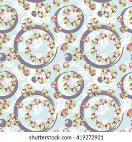 Abstract seamless pattern, floral splash, geometrical elements. Seasonal design, spring, autumn. Colored endless background. Hand drawn vector illustration.