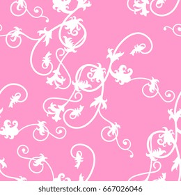 Abstract seamless pattern with floral vignette motifs. Aristocratic baroque style. Delicate white on pink background