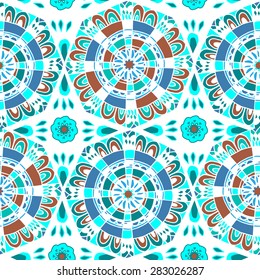 Abstract seamless pattern with flower shaped elements in cold colors on white background. Vector illustration