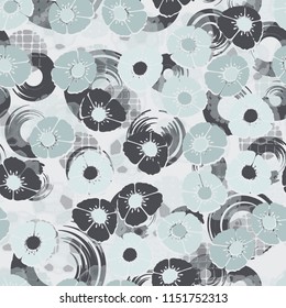 Abstract seamless pattern with flowers and a background of transparent elements.