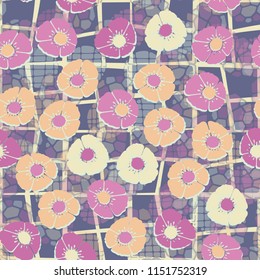 Abstract seamless pattern with flowers and a background of transparent elements.