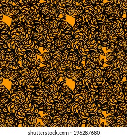 Abstract seamless pattern with flowers in black and gold. Lace floral background. Endless print texture. Line art - vector