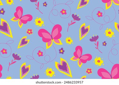 Abstractas patrón sin costuras con flores, mariposas, corazones. Estilo tribal. Adorno floral. Estampado floral decorativo. Lindos niños patrón motivos de floración