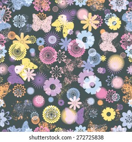 Abstract Seamless Pattern with Flowers and Butterflies.
