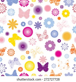 Abstract Seamless Pattern with Flowers and Butterflies. 
