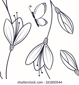 Abstract seamless pattern with flowers and butterfly in sketch style. Outline style vector illustration in black and white