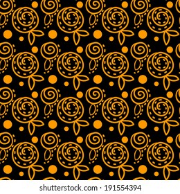 Abstract seamless pattern with flowers and circles in black and gold. Wallpaper. Endless print silhouette texture - vector 