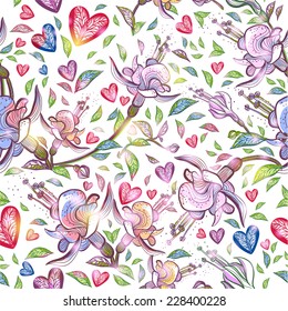 Abstract seamless pattern with flowers and hearts. Vector illustration, EPS 10 