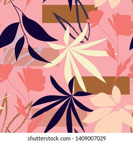 Patrón abstracto sin fisuras con flores y hojas sobre fondo rosado. Diseño de vectores. Fondo floral.
