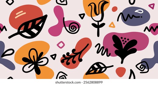 Abstract seamless pattern flowers and leaves for fabric design, interior, wallpaper.