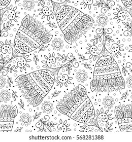 Abstract seamless pattern with flowers and leaves. Cute monochrome vector floral seamless pattern. Black and white flower background.