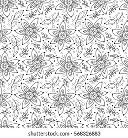 Abstract seamless pattern with flowers and leaves. Cute monochrome vector floral seamless pattern. Black and white flower background.