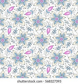 Abstract seamless pattern with flowers and leaves. Cute vector floral seamless pattern. 
