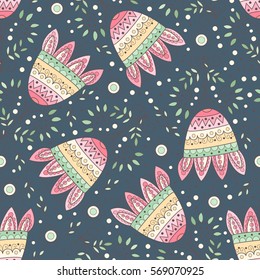 Abstract seamless pattern with flowers and leaves. Cute dark vector floral seamless pattern. Rainbow colored flower background.