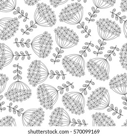 Abstract seamless pattern with flowers and leaves. Cute monochrome vector floral seamless pattern. Black and white flower background.