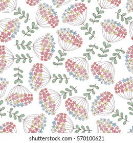 Abstract seamless pattern with flowers and leaves. Cute  vector floral seamless pattern. Doodle elegant flower background.