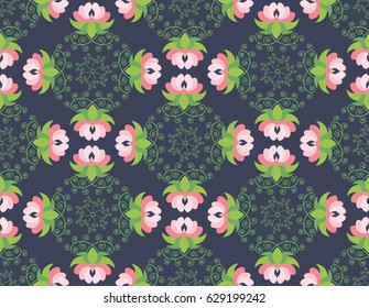 Abstract seamless pattern with flowers of lotus and spirals -  traditional ornament from Asia