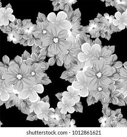 abstract seamless pattern of flowers on a black background. For design of cards, invitations, greeting birthday, party, wedding, Valentine's day. On textiles, Wallpaper. Vector illustration.