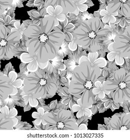 abstract seamless pattern of flowers on a black background. For design of cards, invitations, greeting birthday, party, wedding, Valentine's day. On textiles, Wallpaper. Vector illustration.