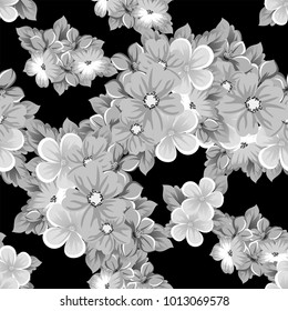 abstract seamless pattern of flowers on a black background. For design of cards, invitations, greeting birthday, party, wedding, Valentine's day. On textiles, Wallpaper. Vector illustration.