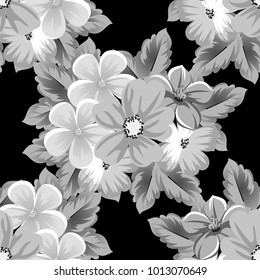 abstract seamless pattern of flowers on a black background. For design of cards, invitations, greeting birthday, party, wedding, Valentine's day. On textiles, Wallpaper. Vector illustration.