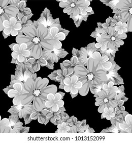 abstract seamless pattern of flowers on a black background. For design of cards, invitations, greeting birthday, party, wedding, Valentine's day. On textiles, Wallpaper. Vector illustration.