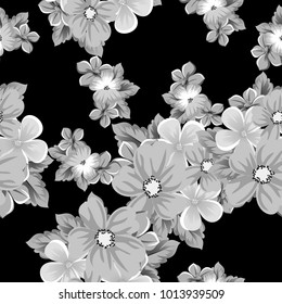 abstract seamless pattern of flowers on a black background. For design of cards, invitations, greeting birthday, party, wedding, Valentine's day. On textiles, Wallpaper. Vector illustration.