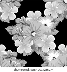 abstract seamless pattern of flowers on a black background. For design of cards, invitations, greeting birthday, party, wedding, Valentine's day. On textiles, Wallpaper. Vector illustration.