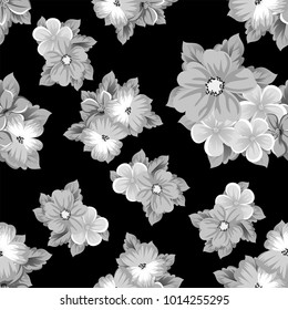 abstract seamless pattern of flowers on a black background. For design of cards, invitations, greeting birthday, party, wedding, Valentine's day. On textiles, Wallpaper. Vector illustration.