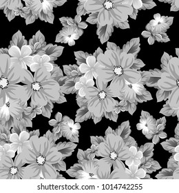 abstract seamless pattern of flowers on a black background. For design of cards, invitations, greeting birthday, party, wedding, Valentine's day. On textiles, Wallpaper. Vector illustration.