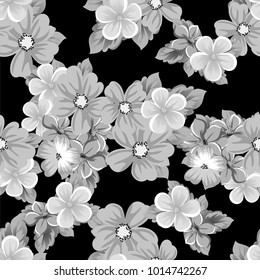 abstract seamless pattern of flowers on a black background. For design of cards, invitations, greeting birthday, party, wedding, Valentine's day. On textiles, Wallpaper. Vector illustration.