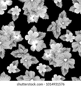 abstract seamless pattern of flowers on a black background. For design of cards, invitations, greeting birthday, party, wedding, Valentine's day. On textiles, Wallpaper. Vector illustration.