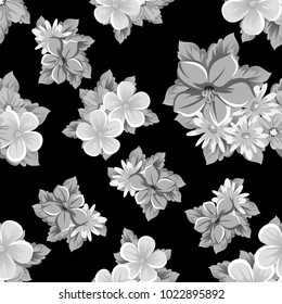abstract seamless pattern of flowers on black background. for card designs, greeting cards, birthday invitations, Valentine's day, party, holiday. Vector illustration.