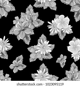 abstract seamless pattern of flowers on black background. for card designs, greeting cards, birthday invitations, Valentine's day, party, holiday. Vector illustration.