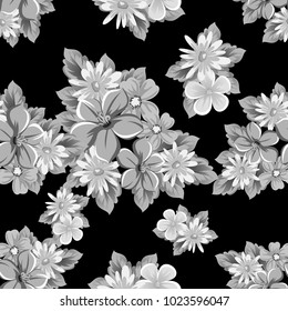 abstract seamless pattern of flowers on black background. for card designs, greeting cards, birthday invitations, Valentine's day, party, holiday. Vector illustration.