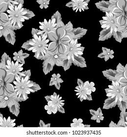 abstract seamless pattern of flowers on black background. for card designs, greeting cards, birthday invitations, Valentine's day, party, holiday. Vector illustration.