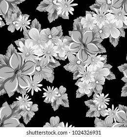 abstract seamless pattern of flowers on black background. for card designs, greeting cards, birthday invitations, Valentine's day, party, holiday. Vector illustration.