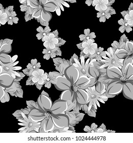 abstract seamless pattern of flowers on black background. for card designs, greeting cards, birthday invitations, Valentine's day, party, holiday. Vector illustration.