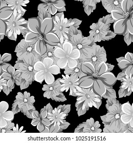 abstract seamless pattern of flowers on black background. for card designs, greeting cards, birthday invitations, Valentine's day, party, holiday. Vector illustration.