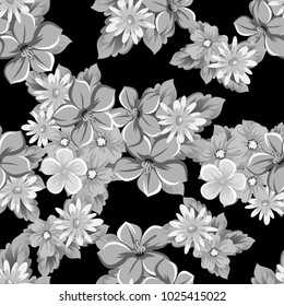 abstract seamless pattern of flowers on black background. for card designs, greeting cards, birthday invitations, Valentine's day, party, holiday. Vector illustration.