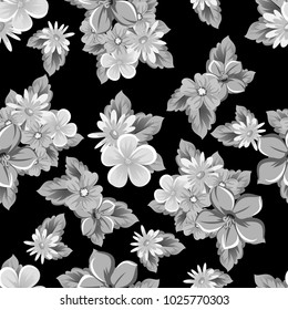 abstract seamless pattern of flowers on black background. for card designs, greeting cards, birthday invitations, Valentine's day, party, holiday. Vector illustration.
