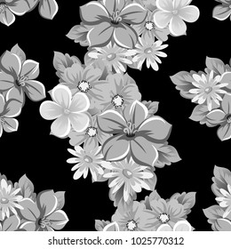 abstract seamless pattern of flowers on black background. for card designs, greeting cards, birthday invitations, Valentine's day, party, holiday. Vector illustration.
