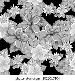 abstract seamless pattern of flowers on black background. for card designs, greeting cards, birthday invitations, Valentine's day, party, holiday. Vector illustration.