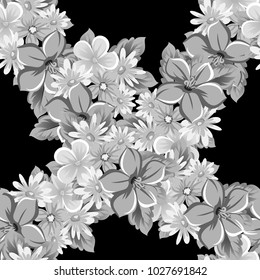 abstract seamless pattern of flowers on black background. for card designs, greeting cards, birthday invitations, Valentine's day, party, holiday. Vector illustration.