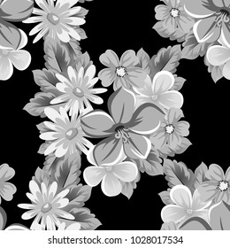 abstract seamless pattern of flowers on black background. for card designs, greeting cards, birthday invitations, Valentine's day, party, holiday. Vector illustration.